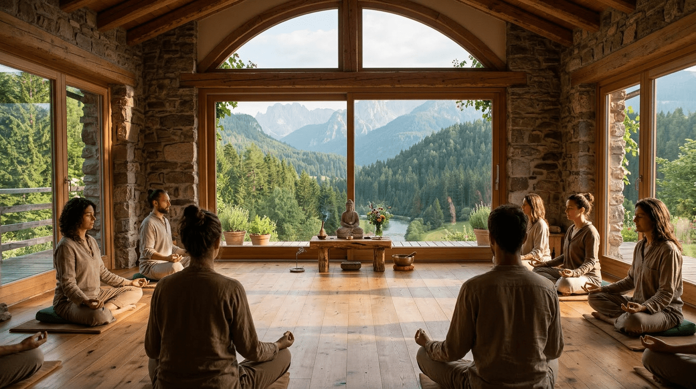 Group of people sitting cross-legged on cushions meditating in a wooden room with large windows showing mountain and forest scenery